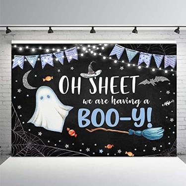 Imagem de MEHOFOND Fundo de festa para chá de bebê de Halloween menino de 2 x 1,5 m Estamos tendo uma linda estrela azul assustadora fundo para fotografia bolo de doces ou travessuras decorações para cabine de fotos