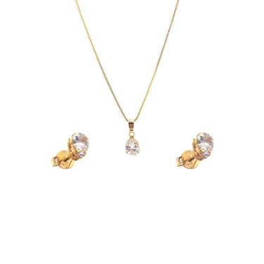 Imagem de Colar Corrente Folheado a Ouro 40cm com Pingente e Brinco Solitário Gota de Zircônia + Caixa de Luxo