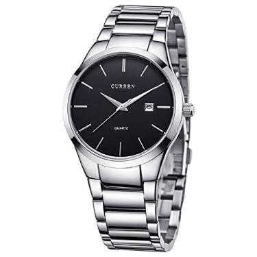 Imagem de CURREN Relógios masculinos clássicos preto/prata pulseira de aço quartzo analógico relógio de pulso com data para homem.., Prateado, preto, Clássico