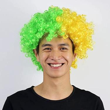 Imagem de BOLOMORO Brasil Bandeira Peruca Curly Afro Peruca para Copa do Mundo de Futebol de 2022 Fãs da Seleção Nacional de Futebol Festa Cheer, Cocar de Halloween Cosplay Carnaval Festival March Parade