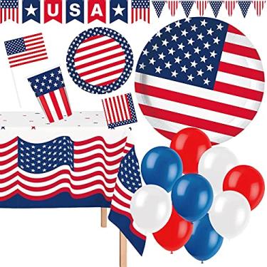 Imagem de Serve 30 | Artigos de festa patriótica Ultimate 4 de julho | Pratos de jantar de 23 cm | Pratos de sobremesa de 18 cm | 30 xícaras - 340 g | 2 toalhas de mesa | 30 guardanapos de almoço | 2 bandeiras | 1 faixa dos EUA | 30 balões | 12 bandeiras