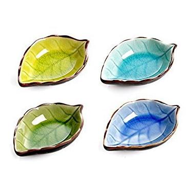 Imagem de Astra Shop Pratos de Aperitivos em forma de folha de cerâmica, pires de porcelana, tigela de molhos, pratos de sushi, utensílios de jantar, multicoloridos, Set of 4, 9x6.5cm, 1