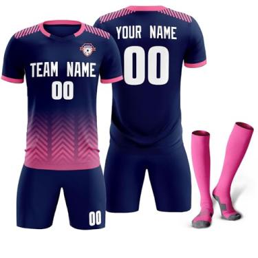 Imagem de Camiseta de futebol personalizada para homens, mulheres e crianças, camisetas e shorts de futebol personalizados com logotipo de número de nome, Azul marinho e rosa - 56 cm, One Size