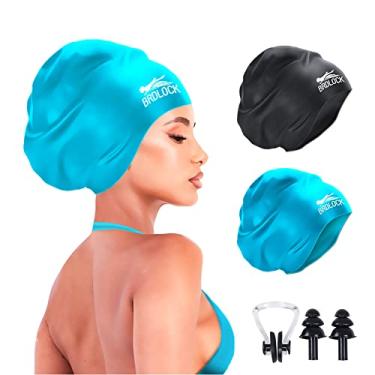 Imagem de Touca de natação extra grande para tranças de cabelo comprido Dreadlocs touca de natação de silicone impermeável (grande, preto, azul)