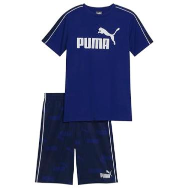 Imagem de PUMA Conjunto de camiseta e short atlético com logotipo de desempenho para meninos, Azul escuro, 3 Anos