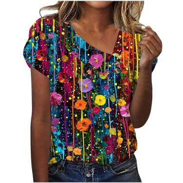 Imagem de MaMiDay Blusas femininas modernas de verão estampadas coloridas com botão assimétrico e manga curta camisetas casuais 2024, A02#multicolorido, XXG