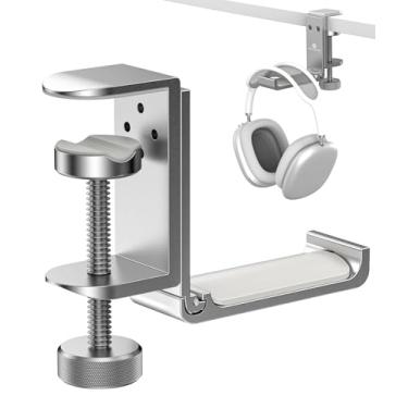 Imagem de APPHOME Suporte dobrável para fone de ouvido, suporte de barra de som de alumínio que economiza espaço com ajuste universal para acessórios de PC e jogos, suporte de gancho sob a mesa (prata-1 peça)