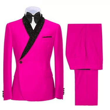 Imagem de Sxfashbrd Blazer masculino slim fit, conjunto de 2 peças, jaqueta de smoking, dia a dia, negócios, festas, padrinhos, blazer para casamento, Rosa choque, Large