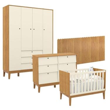 Imagem de Quarto de Bebê Unique 4 Portas com Cômoda 6 Gavetas e Painel Farm Freijó Off White Eco Wood - Matic