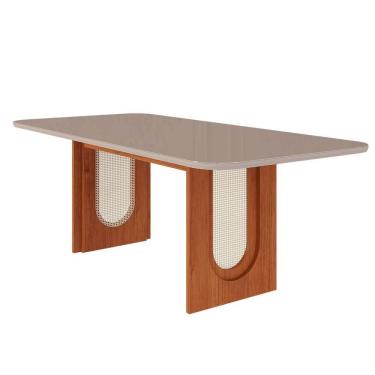 Imagem de mesa de jantar retangular com tampo de vidro valentina cinamomo e off white 210 cm