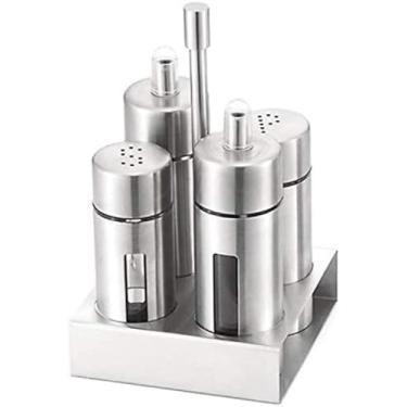 Imagem de Conjunto de galheteiro de aço inoxidável para sal, óleo, vinagre, pimenta, conjunto para cozinha, 4 recipientes de tempero e 1 suporte