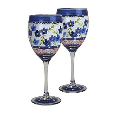 Imagem de Golden Hill Studio Conjunto de 2 taças de vinho decorativas pintadas à mão – Coleção Barcelona Blue Flower – Artigos de vidro pintados à mão por artistas dos EUA – Taças de vinho exclusivas – Ideal para mesa e decoração de casa