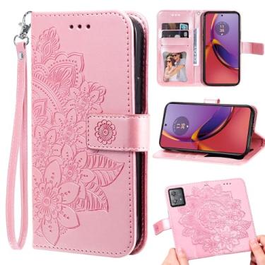 Imagem de Furill Capa carteira compatível com Motorola Moto G84 5G e protetor de pulso flor couro flip porta-cartão de crédito Folio bolsa suporte acessórios celular capa para celular G 84 2023 meninas rosa