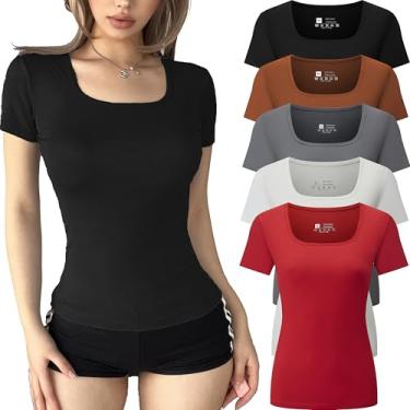 Imagem de FMNNNN Camisetas femininas básicas de 5 peças gola quadrada manga curta tops bonitos de verão camisetas slim fit roupas Y2k, 5 peças: preto/branco/café/vermelho/cinza, XGG