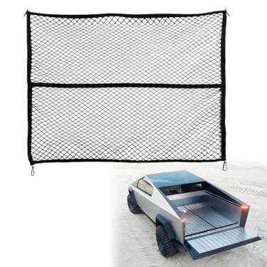 Imagem de Rede de carga para caminhonete, compatível com Tesla Cybertruck 2023 2024 acessórios extra forte com 4 peças de clipes de mosquetão de metal elástico organizador de porta-malas malha elástica (cama