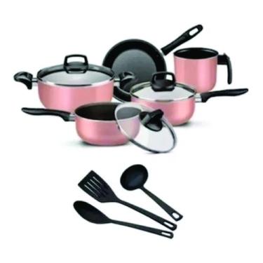 Imagem de Conjunto de Panelas Antiaderente Rosa 5 peças + 3 utensílios - Marpal