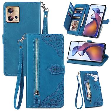 Imagem de Monwutong Capa carteira de celular com design de armazenamento com zíper para Motorola Edge 30 Fusion, capa de couro com toque agradável à pele com fecho magnético e coldre para vários cartões para