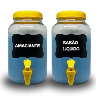 Imagem de KIT LAVANDERIA 2 POTES COM TORNEIRA PARA SABÃO LIQUIDO E AMACIANTE, AMBOS COM 3 LITROS COM LOUSA E GIZ