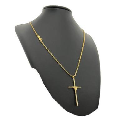 Imagem de Corrente Cadeado 1mm + Pingente Cruz Fio  Banhado a Ouro 18k - ToJoia1
