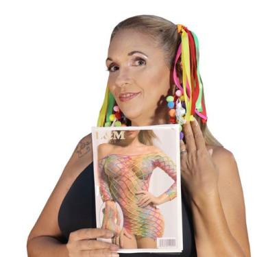 Imagem de Vestido Arrastão Colorido + Brincos + Elástico de Cabelo com Fitas: 3 