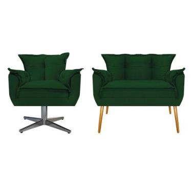 Imagem de Kit Namoradeira e Poltrona Opala Base Giratória de Metal Suede Verde -
