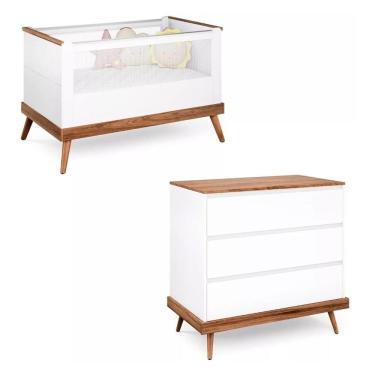 Imagem de Quarto Bebê Completo Retrô Berço E Cômoda Pé Palito Branco