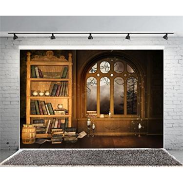 Imagem de Laeacco 2,7 x 1,8 m Biblioteca Retro Europeia Estante de Livros Fotografia Fundo Vinil Pano de Fundo Estudo Mural Sala Cena Interior Livros Vela Janela Luar Dia das Bruxas Pano de Fundo Foto Estúdio