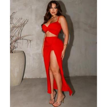 Imagem de Trijunto Feminino 3 peças Cropped Nozinho Calcinha Hotpant Saia Longa 