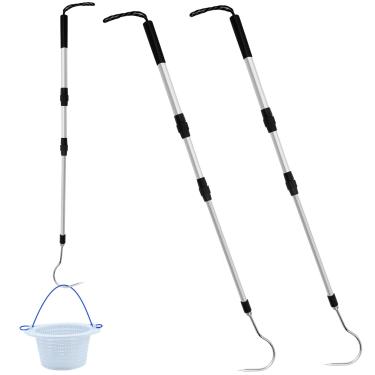 Imagem de Feoang Pacote com 2 alças de cesto de escumadeira dobrável, ferramenta de gancho para escumadeira de piscina de 101 cm, liga de alumínio, tampa de escumadeira, gancho de elevação, gancho de