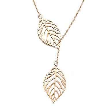 Imagem de Xiaomei Colar moderno feminino simples folha em forma de Y pingente de folha dupla liga gargantilha corrente, 4.4 cm x 2.5 cm, Metal Zinco