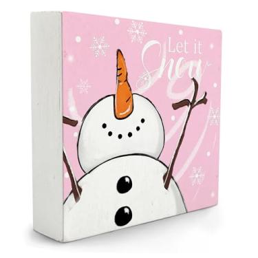 Imagem de Qvapt Sinal de caixa de madeira de Natal rosa, placa de madeira de boneco de neve de inverno, placa de madeira Let It Snow boneco de neve para decoração de mesa de prateleira de casa, placa de