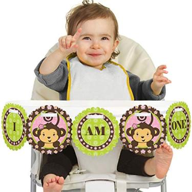 Imagem de Big Dot of Happiness Decoração de cadeira alta de 1º aniversário de menina macaco rosa - I Am One - Banner para cadeira alta de primeiro aniversário