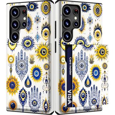 Imagem de IWONE Capa compatível com Samsung Galaxy S25 Ultra fofa com porta-cartões/slot capa de telefone para mulheres/coleção de olhos turcos símbolo religioso mágico abstrato azul amarelo