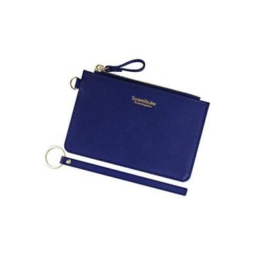Imagem de Carteira feminina fina de couro com porta-cartões RFID com alça de pulso, carteira pequena de couro com chaveiro, Azul marinho, Small