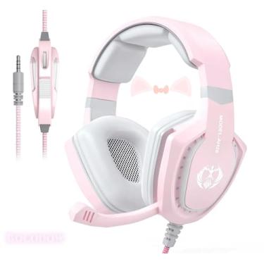 Imagem de Bocodow Fone de ouvido rosa para jogos para meninas e mulheres com microfone, baixo, som surround estéreo com fio, fones de ouvido com microfone para PC, Mac, computador, PS5, Xbox, PS4, laptop (rosa)