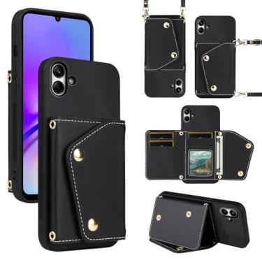 Imagem de Dibosom Capa carteira de luxo para Samsung Galaxy A05 com 5 compartimentos para cartão fina e alça de ombro, suporte de cartão de crédito de couro PU acessórios para celular Ao5 A 05 mulheres homens