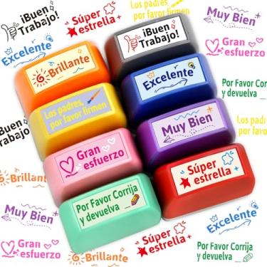 Imagem de Fancy Land Carimbo de professor espanhol autotintado para sala de aula, conjunto de carimbos motivacionais para crianças, escola, teste de casa, suprimentos de recompensa, 8 peças