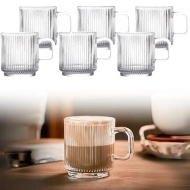 Imagem de Kit 6 Canecas De Café Vidro Canelado Premium Alça Xícaras Graffiato Clássicas 350 Ml Xícara Frizado Chá Transparente Bebidas Quentes Frias Conjunto De Copos Americano Cappuccino Ripado Friso