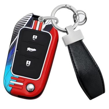 Imagem de HIBEYO Capa dobrável de 3 botões compatível com Roewe MG5 MG7 MG GT GS 350 360 750 W5 acessórios modernos de metal pintado com chaveiros de couro-B chaveiro vermelho