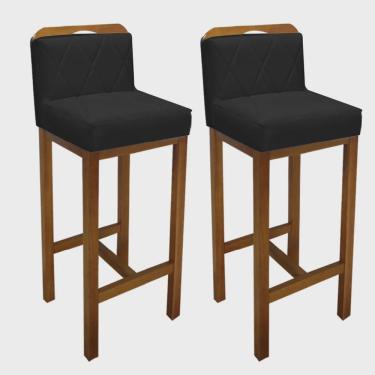 Imagem de Kit 02 Banqueta Alta Com Encosto Simon Cozinha Balcão Bistrô Base Madeira Castanho Suede Preto - Ahazzo Móveis