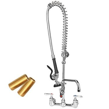 Imagem de KWODE Torneiras comerciais com pulverizador pré-enxágue torneira de pia de cozinha de montagem na parede central de 20 cm para restaurante industrial 3 compartimentos pias de cozinha 89 cm altura 30