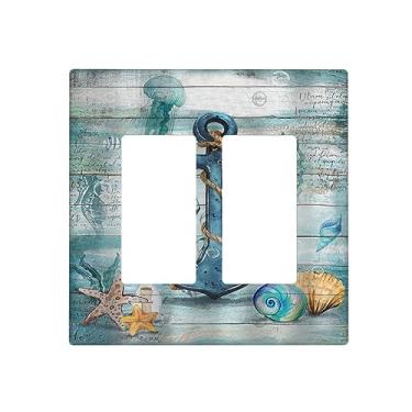 Imagem de Retro Blue Anchor Double Rocker Decora Outlet Cover Nautical Rustic Vintage Wooden Board 2 Gang Light Switch Cover Decorativa Estrela-do-mar Concha Oceano GFCI Placa de Parede Placa de Interruptor Elétrico Placa Frontal