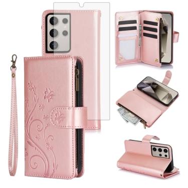 Imagem de Capa de celular para Samsung Galaxy S24 Ultra 5G carteira celular com protetor de tela de vidro temperado alça flor flip zíper porta-cartão slot suporte suporte S24Ultra 24S S 24 24Ultra mulheres