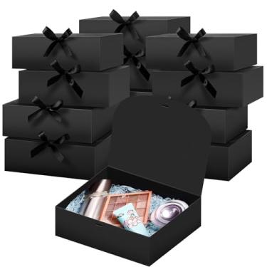 Imagem de Tivcck Pacote com 12 caixas de presente pretas com tampas, caixas de presente de 29 × 24 x 8 cm, caixa de presente de dama de honra com fita, caixa de papel kraft preta para aniversário, casamento