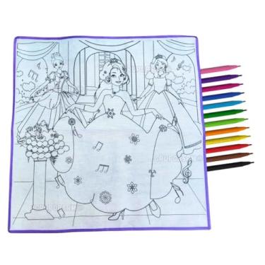 Imagem de Tapete Para Pintar Colorir Infantil Lavável Com 12 Canetinhas Hidrográficas Brinquedo Pedagógico Educativo Presente Menino Menina Criatividade Coordenação Motora Concentração (Princesas)