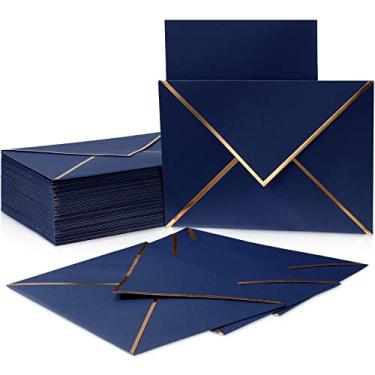 Imagem de Envelopes A7 100 peças de 12,7 cm x 18,8 cm com borda dourada, vedação autoadesiva com aba em V, envelopes de correspondência luxuosos para cartão, casamento, convite, aniversário, formatura, chá de bebê (azul escuro)