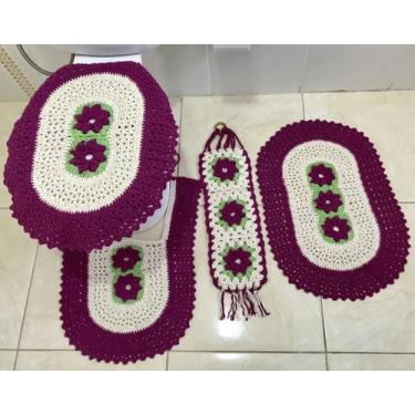 Imagem de Jogo de Banheiro Crochê Bordado Premium 4 Peças - Myrna Crochê, Fucsia