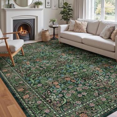 Imagem de Othilic Tapete floral lavável para sala de estar - 22 x 30,5 cm, grande, verde-escuro, boêmio, resistente a manchas, vintage, botânico, temperamental, tapetes macios para quarto, escritório, sala de