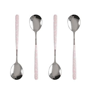 Imagem de CHENSHUO Colher De Sopa Aço Inoxidável, Sobremesa Coreana Com Margaridas Rosa, Cores Mistas Para Casa, Cozinha Ou Restaurante, Conjunto 4 Colheres Coloridas, 8".