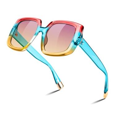 Imagem de FEISEDY Óculos de sol quadrados, grandes, grandes, amplos, vintage, retrô, armação grossa, proteção UV400, B0196, Armação amarela vermelha - Lente amarela rosa, 57